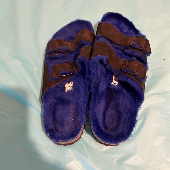 Birkenstock Arizona Shearling Blue and Brown Sandals with Double Straps - Picture 4 of 7